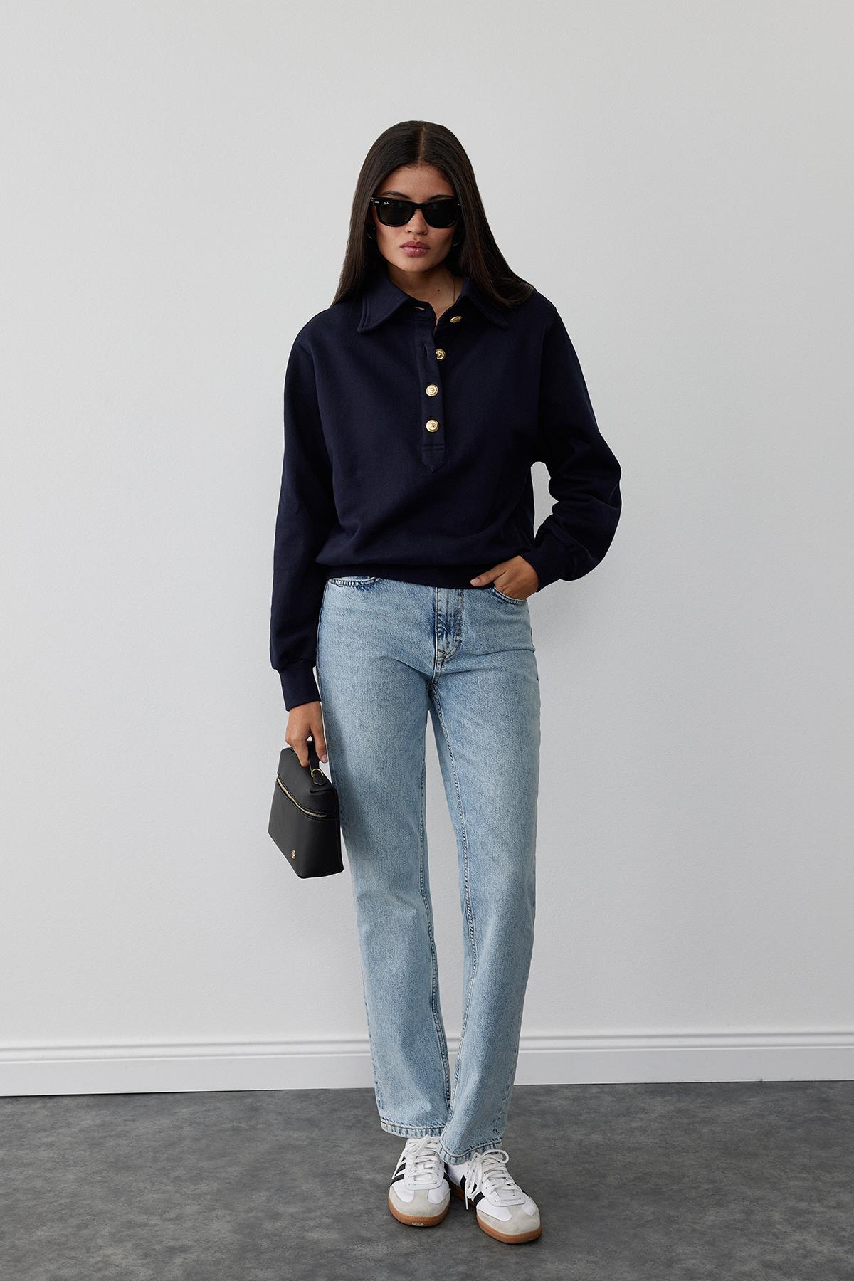 Navy Blue Mimi Sweatshirt With Gold Buttoned
