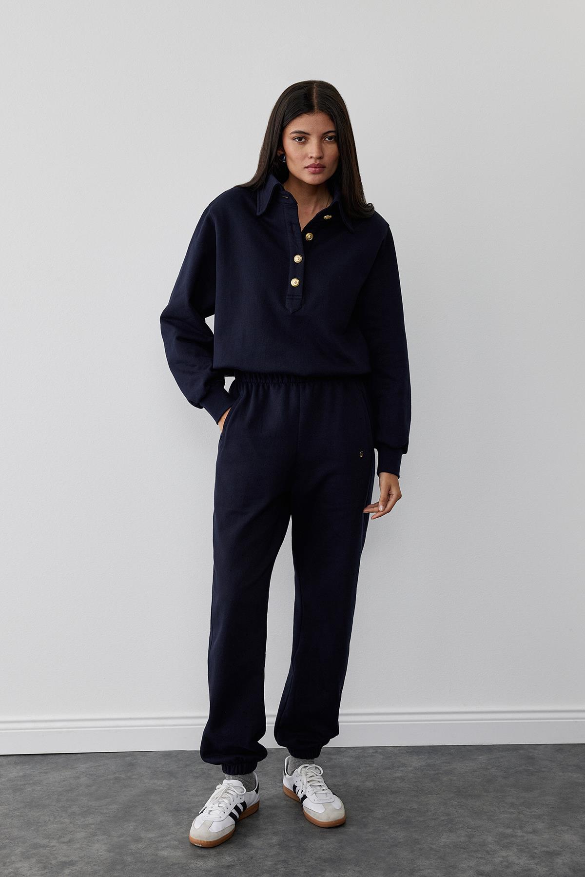 Navy Blue Mimi Sweatshirt With Gold Buttoned