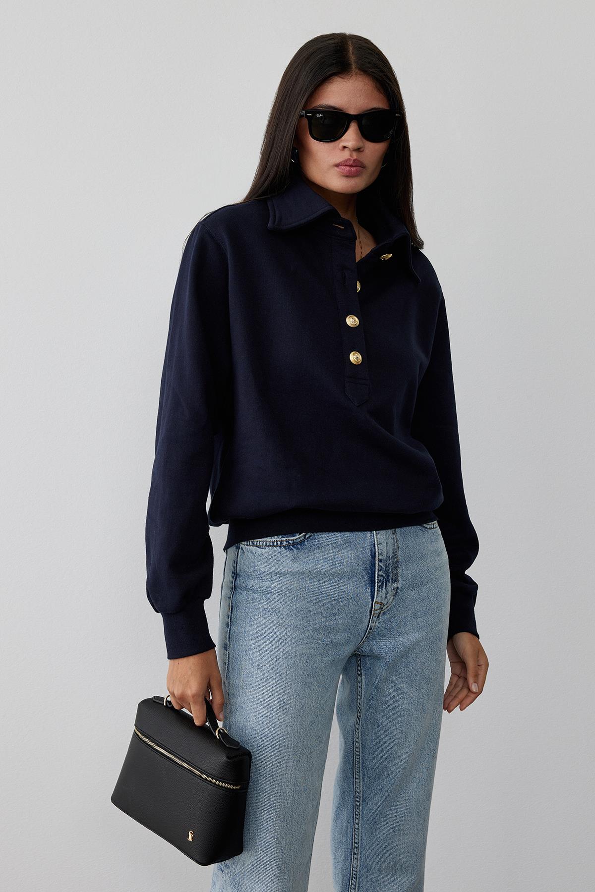 Navy Blue Mimi Sweatshirt With Gold Buttoned