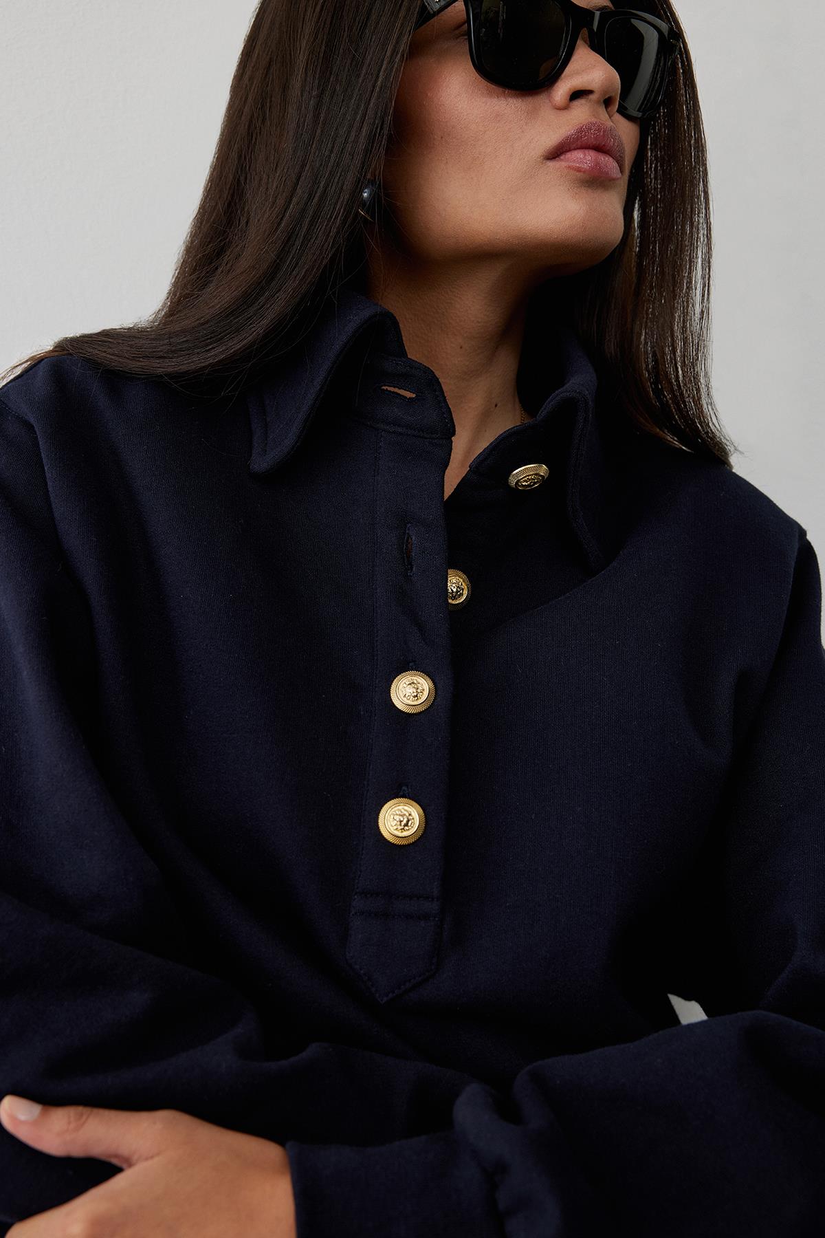 Navy Blue Mimi Sweatshirt With Gold Buttoned
