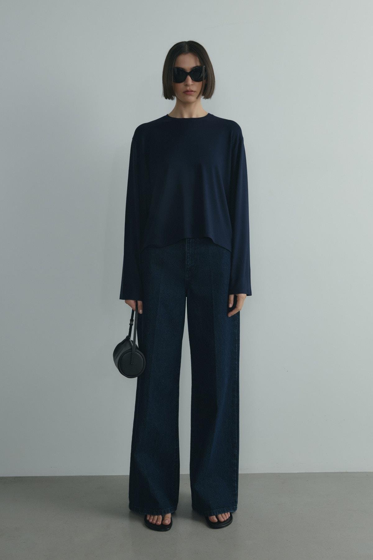 Lacivert Nara Uzun Kollu Basic Tişört