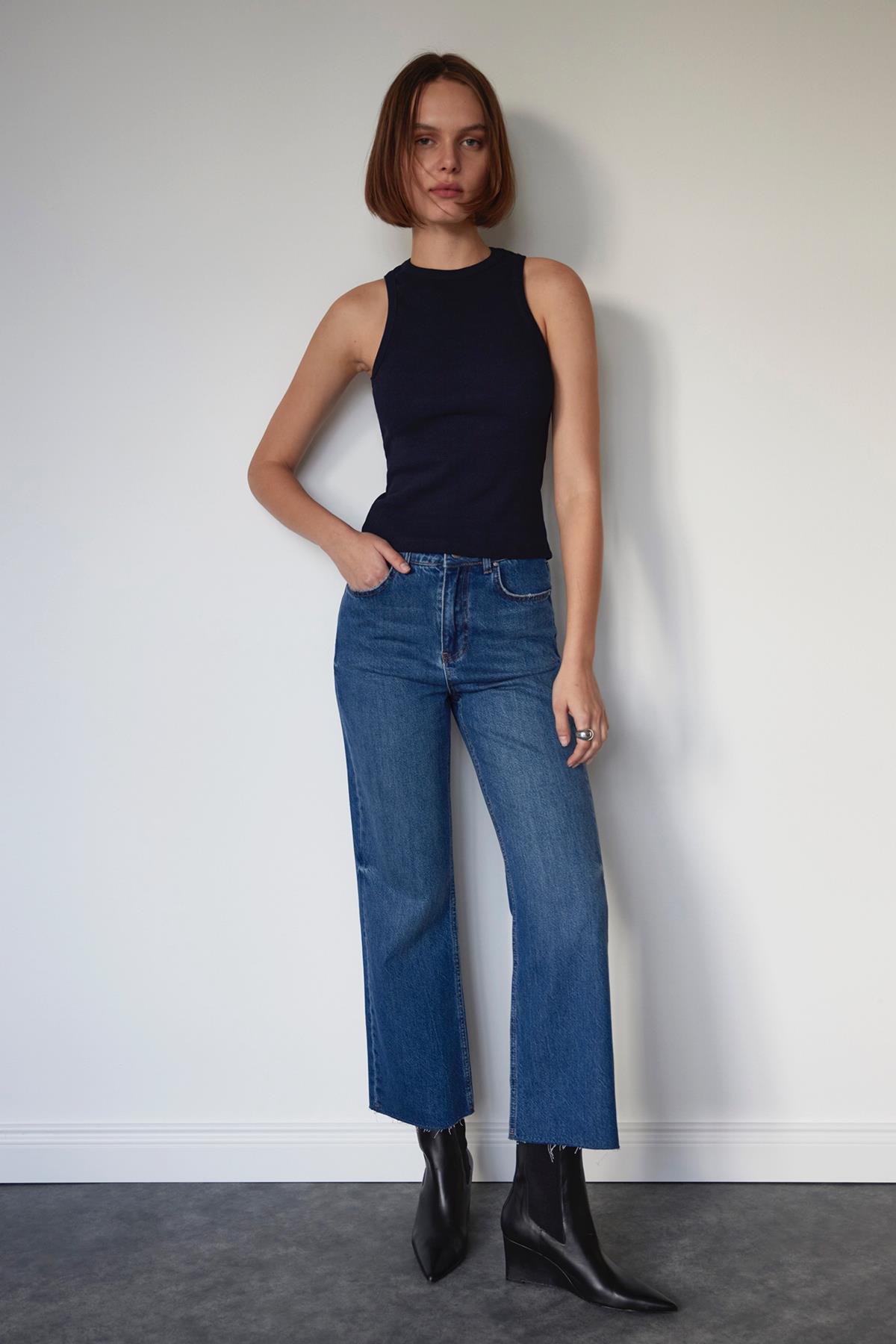 Navy Blue Oli Crew Neck Ribbed Top