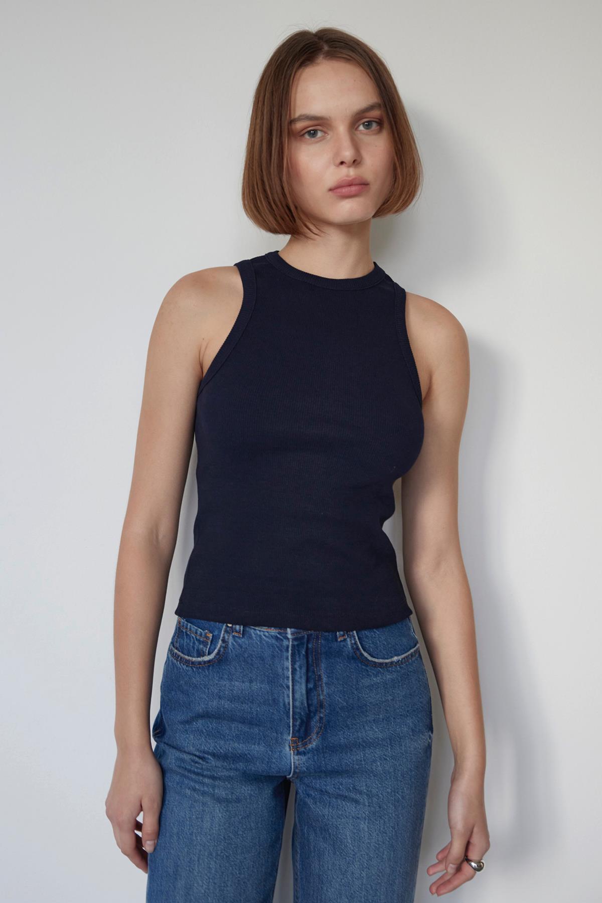 Navy Blue Oli Crew Neck Ribbed Top