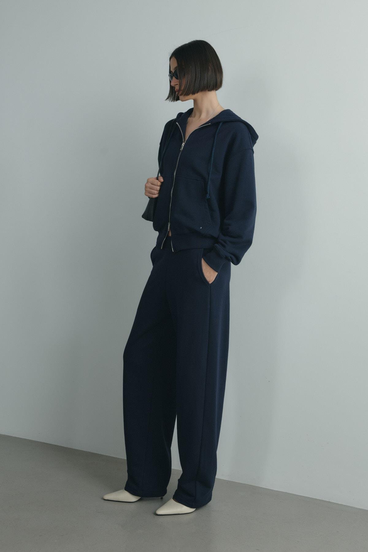 Lacivert Salted Oversize Fermuarlı Hırka