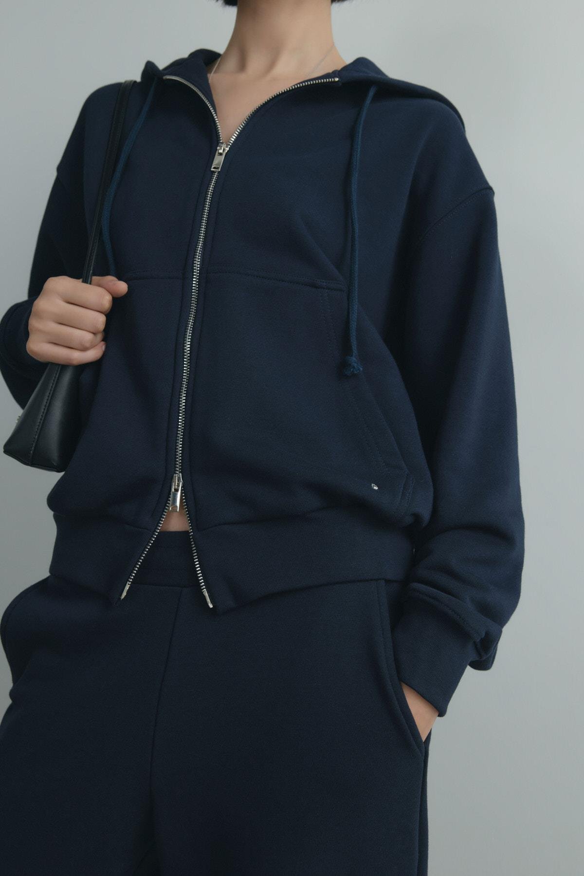 Lacivert Salted Oversize Fermuarlı Hırka