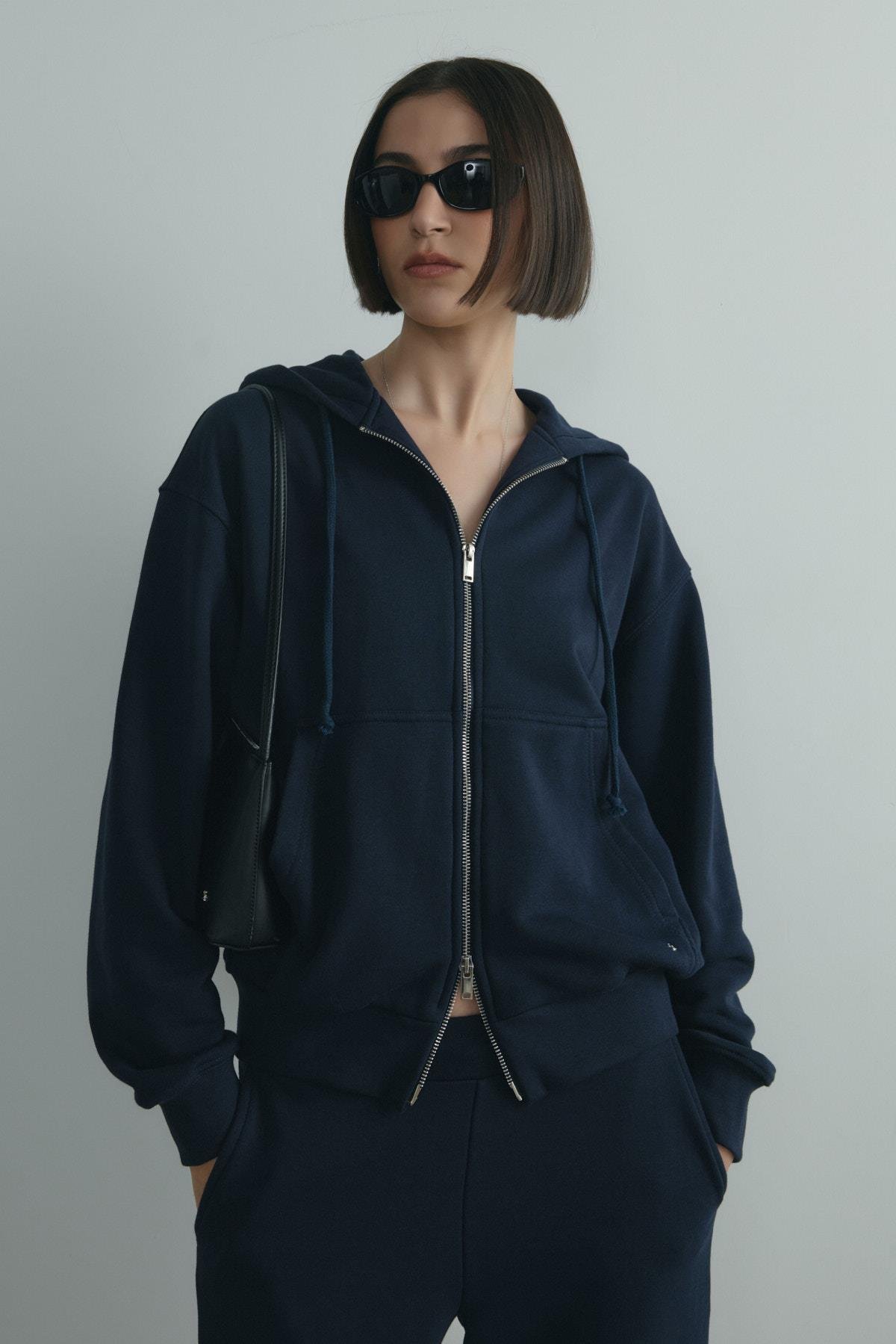 Lacivert Salted Oversize Fermuarlı Hırka