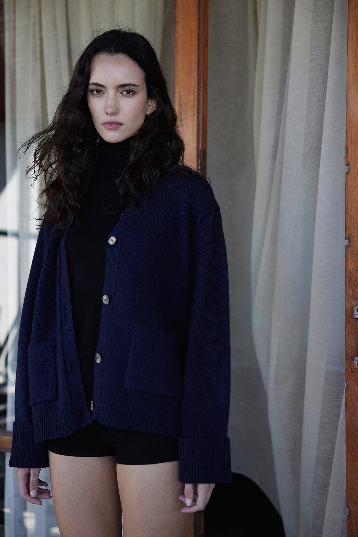 Lacivert Ura Triko Düğmeli Hırka