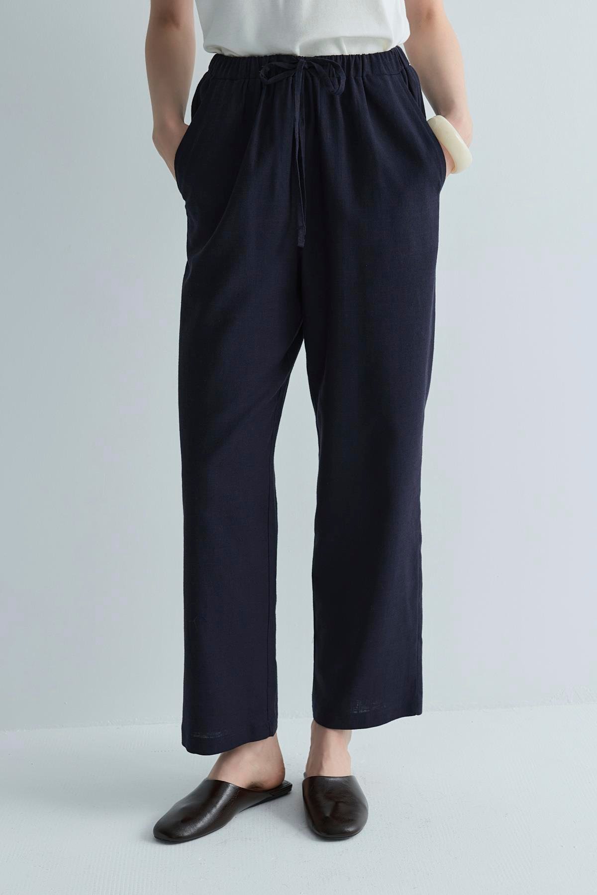 Lacivert Zoe Beli Lastikli Keten Pantolon