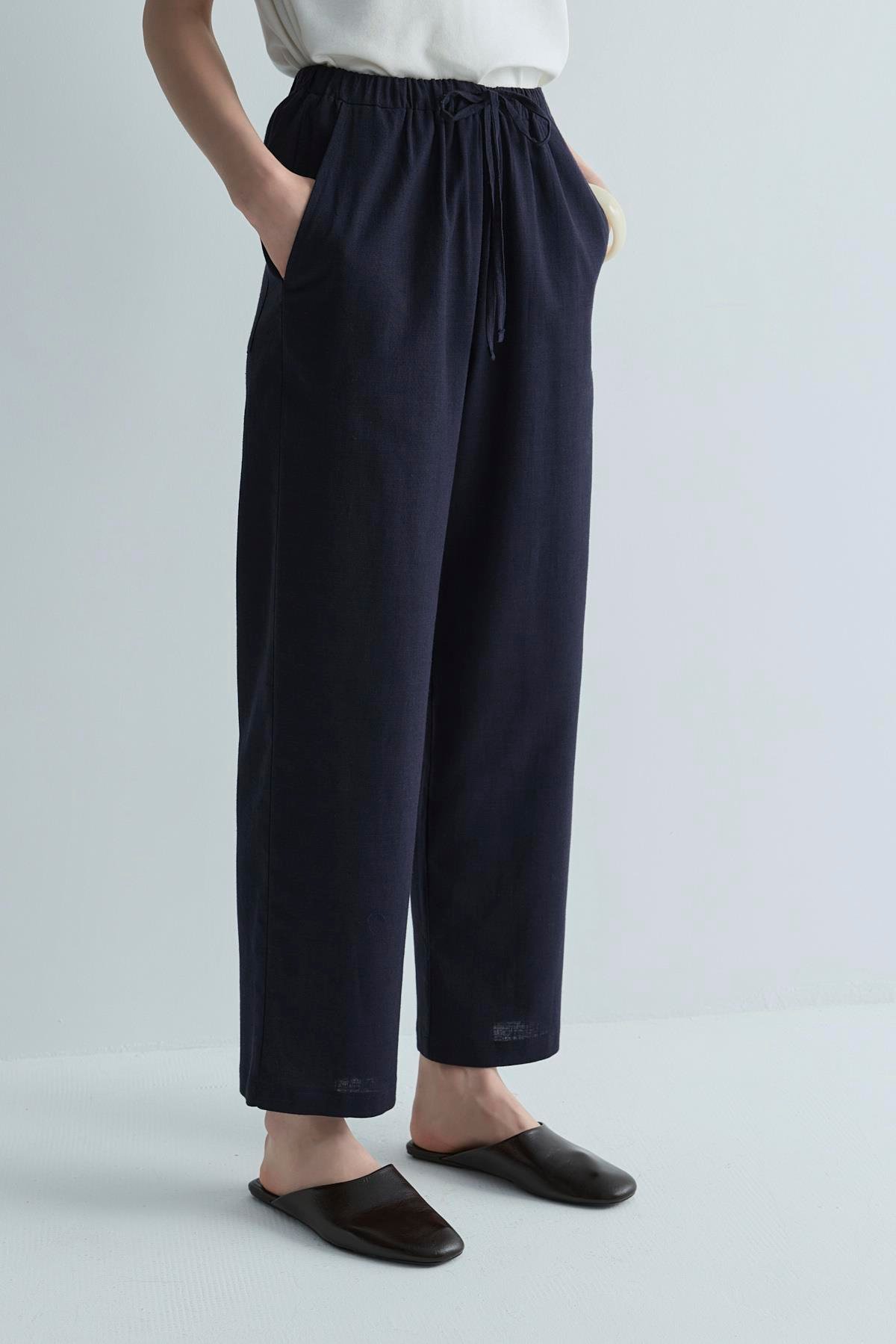 Lacivert Zoe Beli Lastikli Keten Pantolon