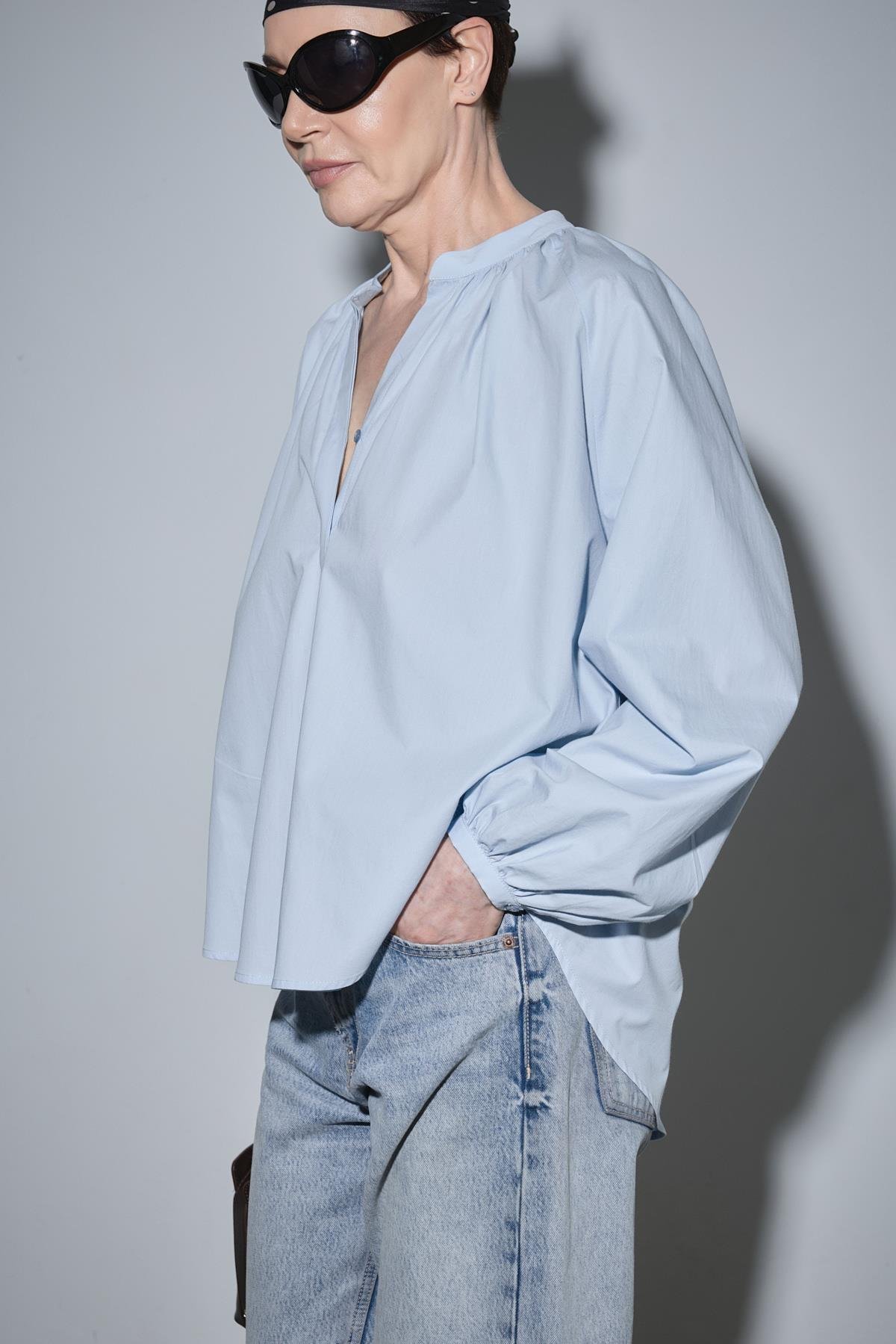 Mavi Lena Balon Kol Gömlek