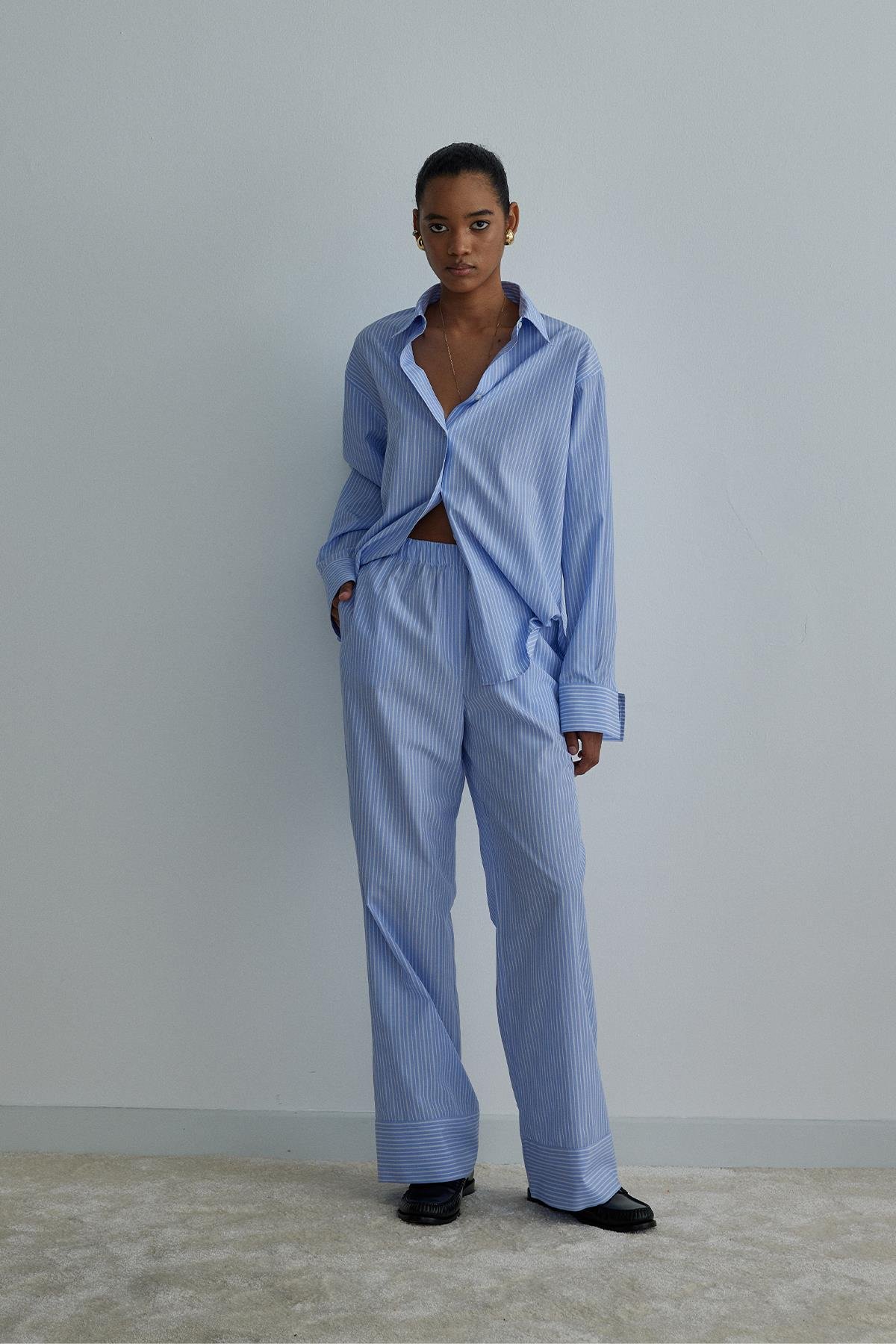 Blue Sadie Cotton Trousers with Elastic-Waisted