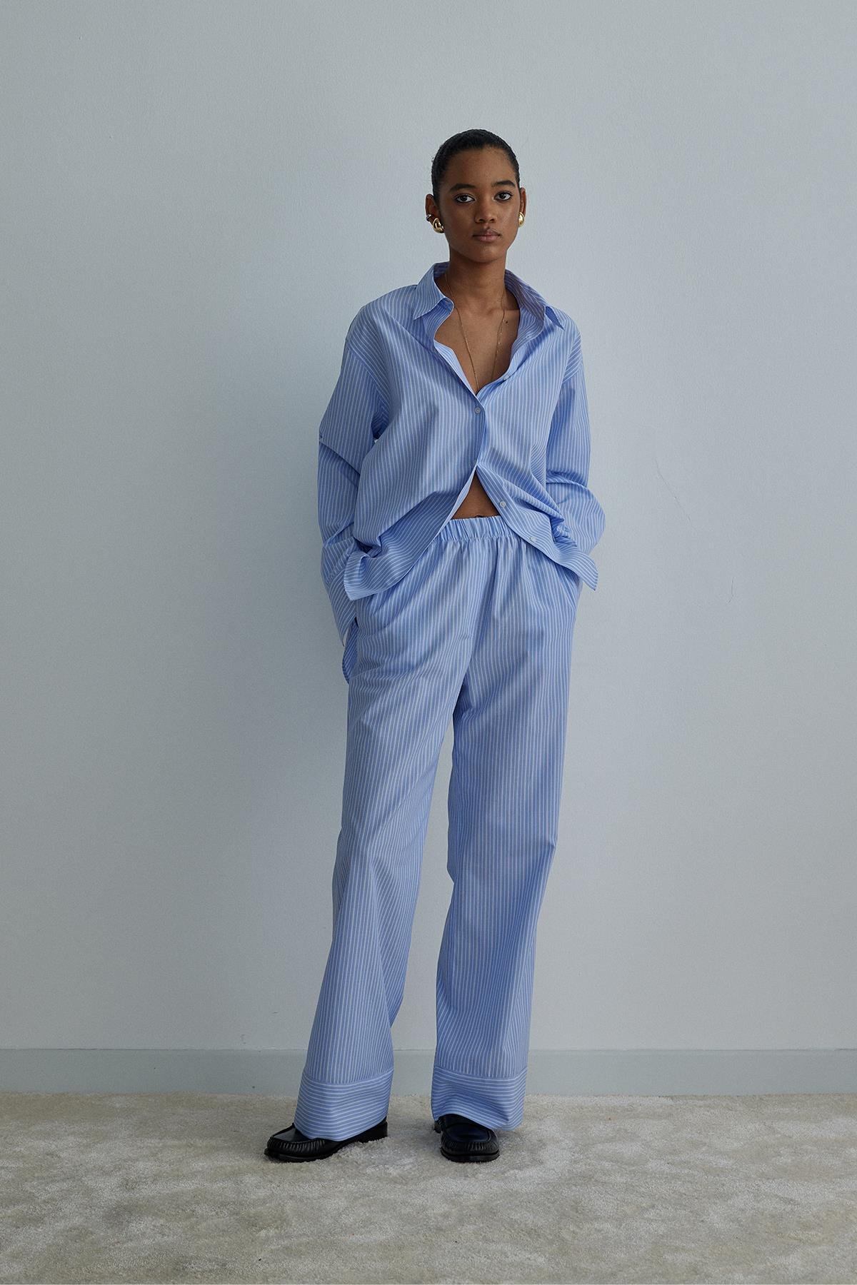 Blue Sadie Cotton Trousers with Elastic-Waisted
