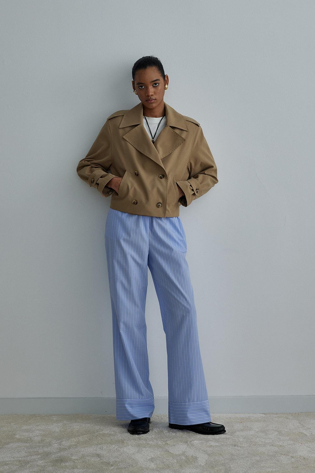 Blue Sadie Cotton Trousers with Elastic-Waisted