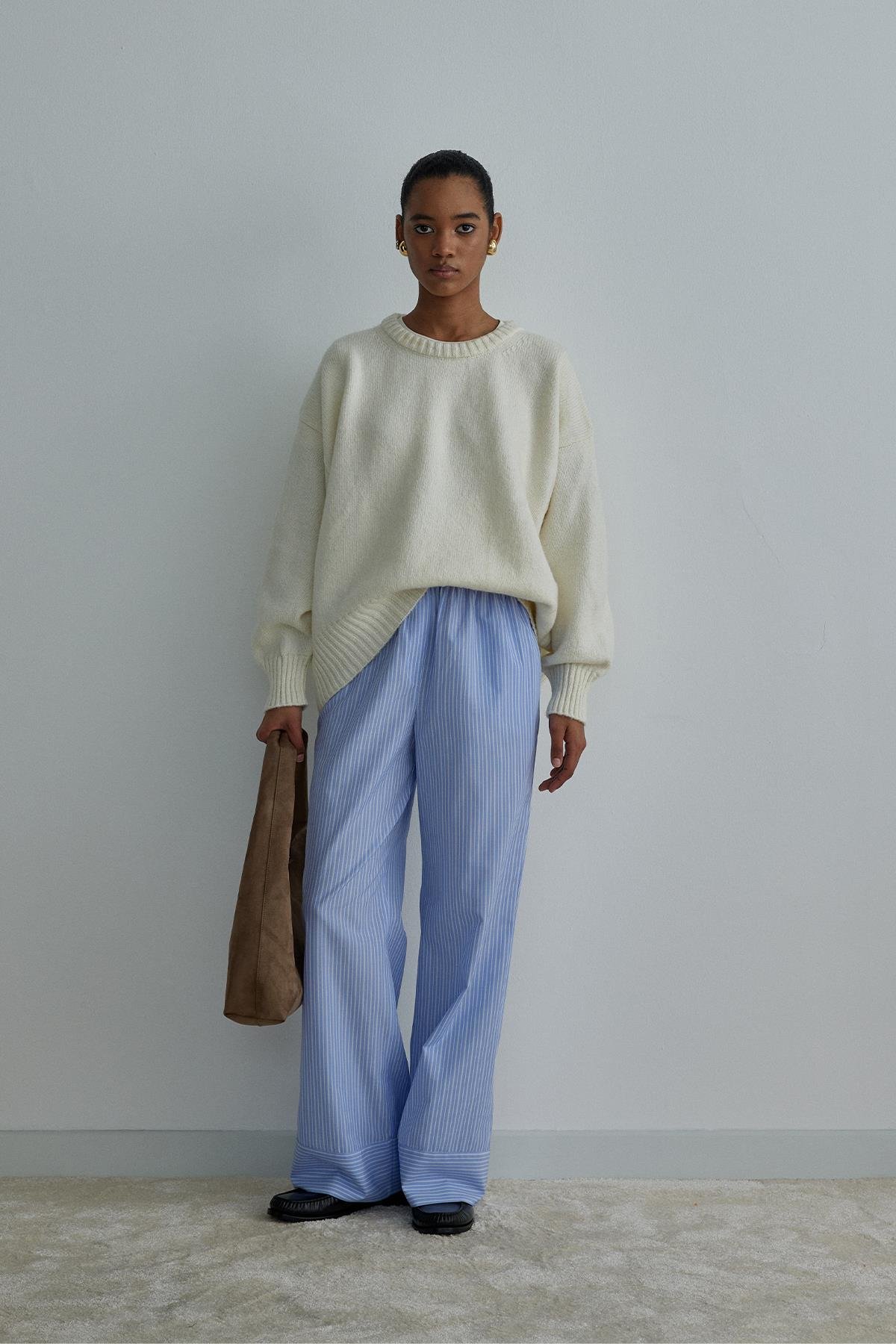 Blue Sadie Cotton Trousers with Elastic-Waisted