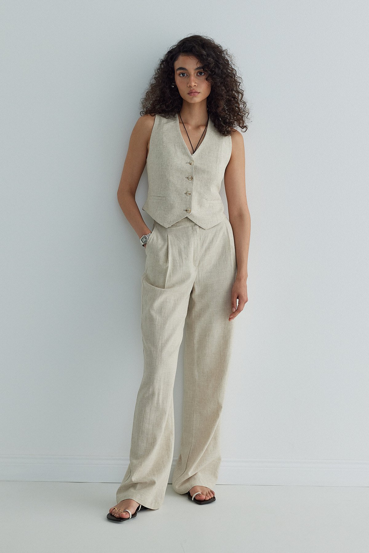 Natürel Gabriel Düğmeli Keten Yelek