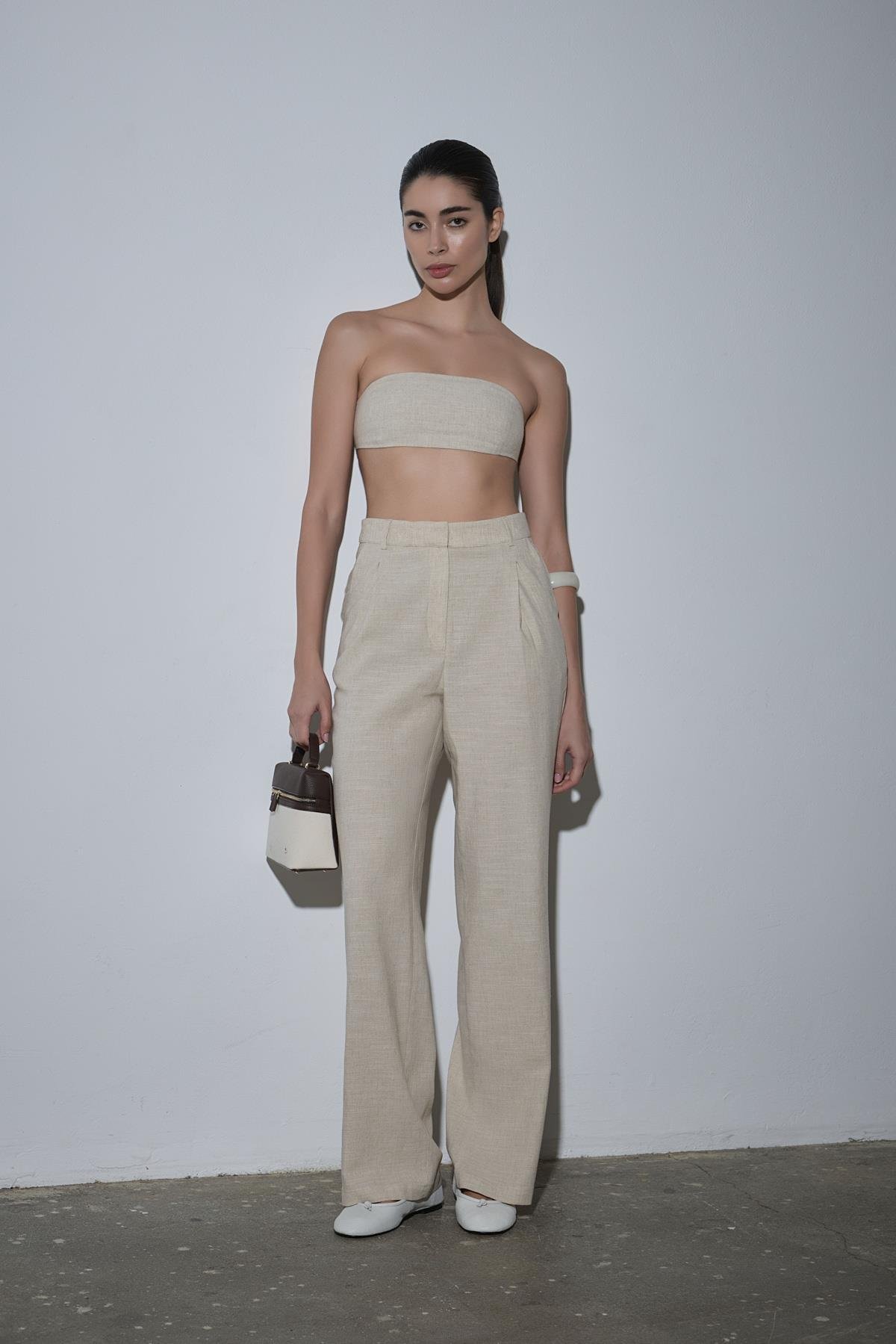 Natürel Gabriel Tek Pileli Keten Pantolon