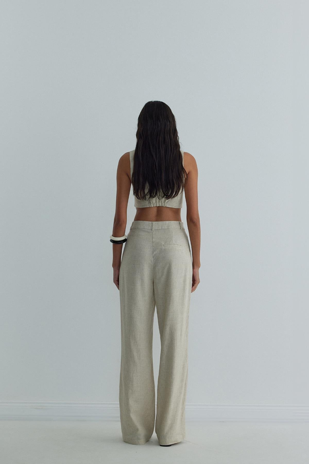 Natürel Gabriel Tek Pileli Keten Pantolon