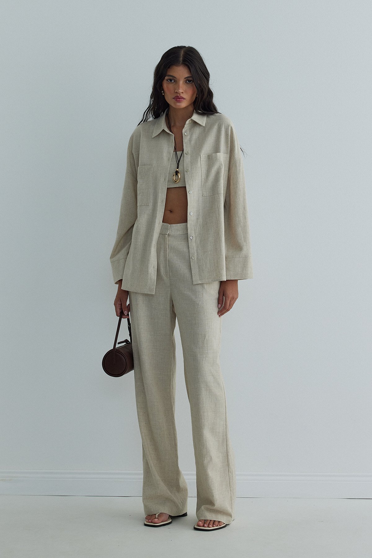 Natürel Gabriel Tek Pileli Keten Pantolon