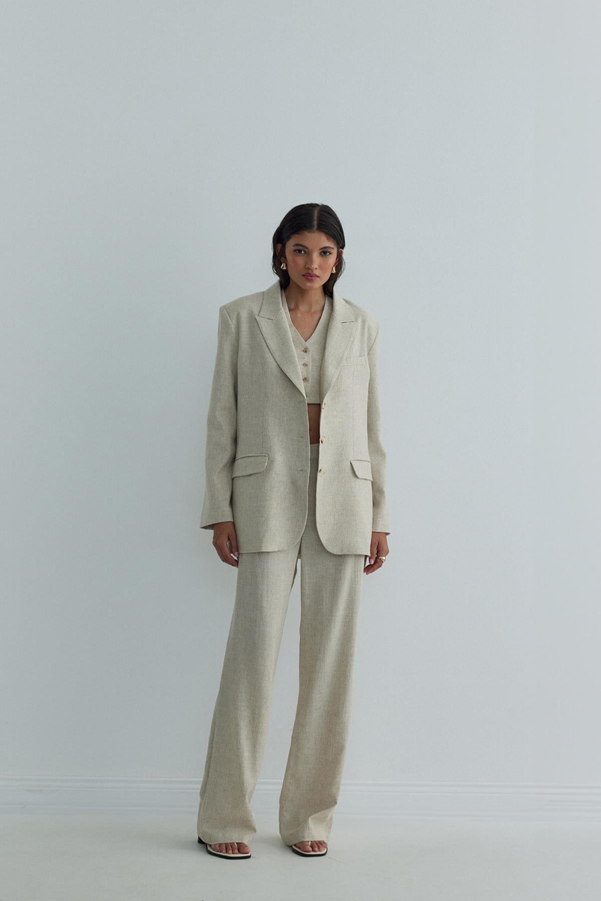 Natürel Gabriel Tek Pileli Keten Pantolon