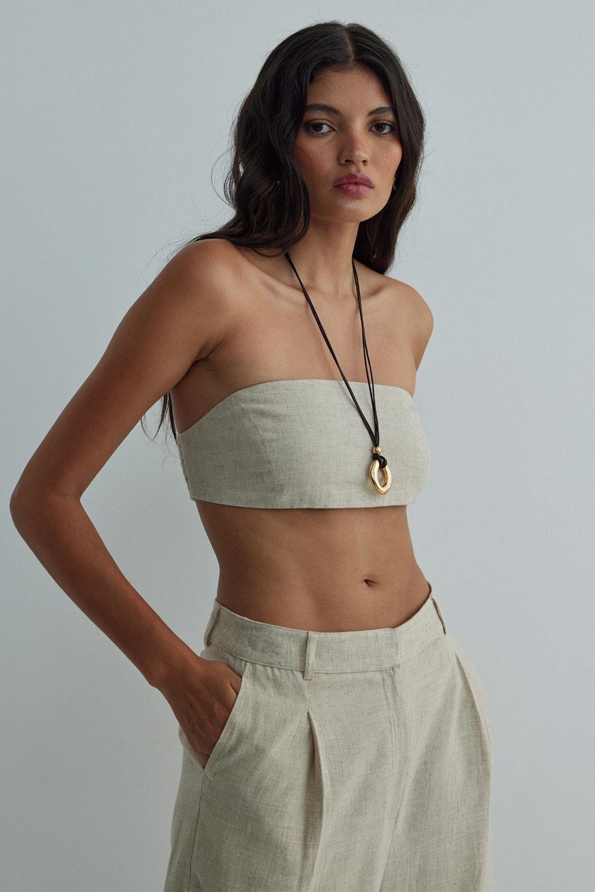 Natürel Gabriel Tek Pileli Keten Pantolon