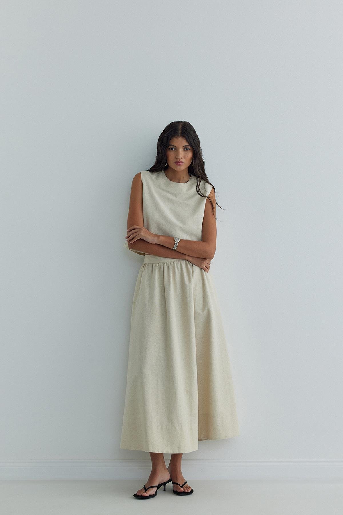 Natürel Glow Işıltılı Keten Etek