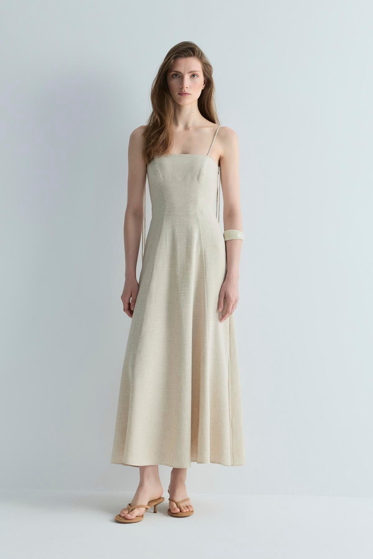 Natürel Melinda Askılı Keten Elbise