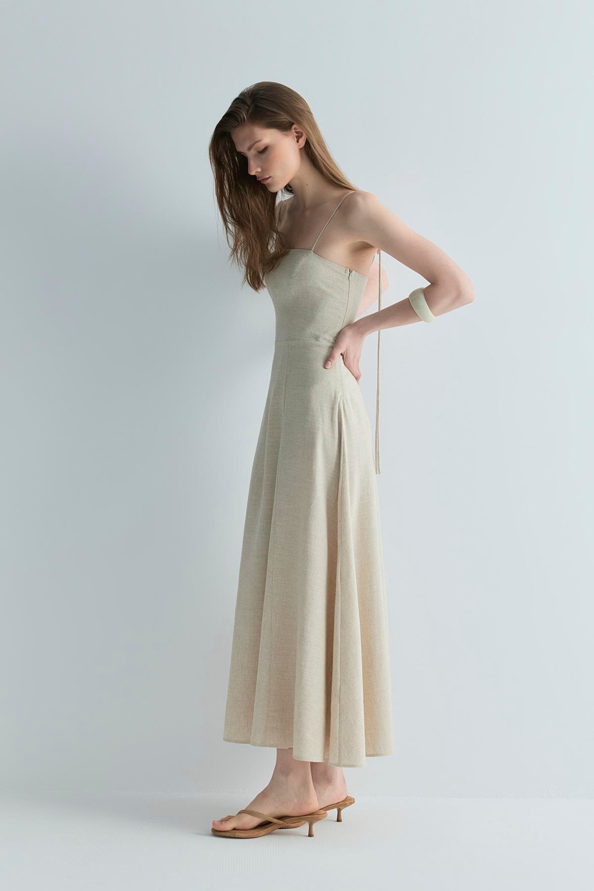 Natürel Melinda Askılı Keten Elbise