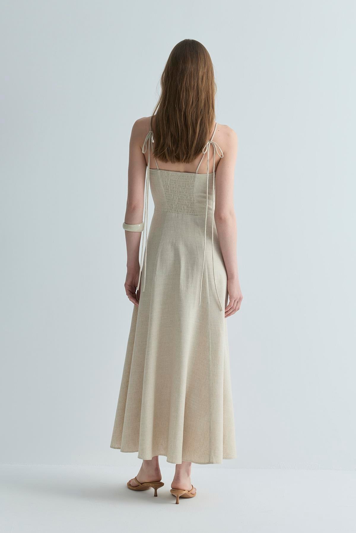 Natürel Melinda Askılı Keten Elbise