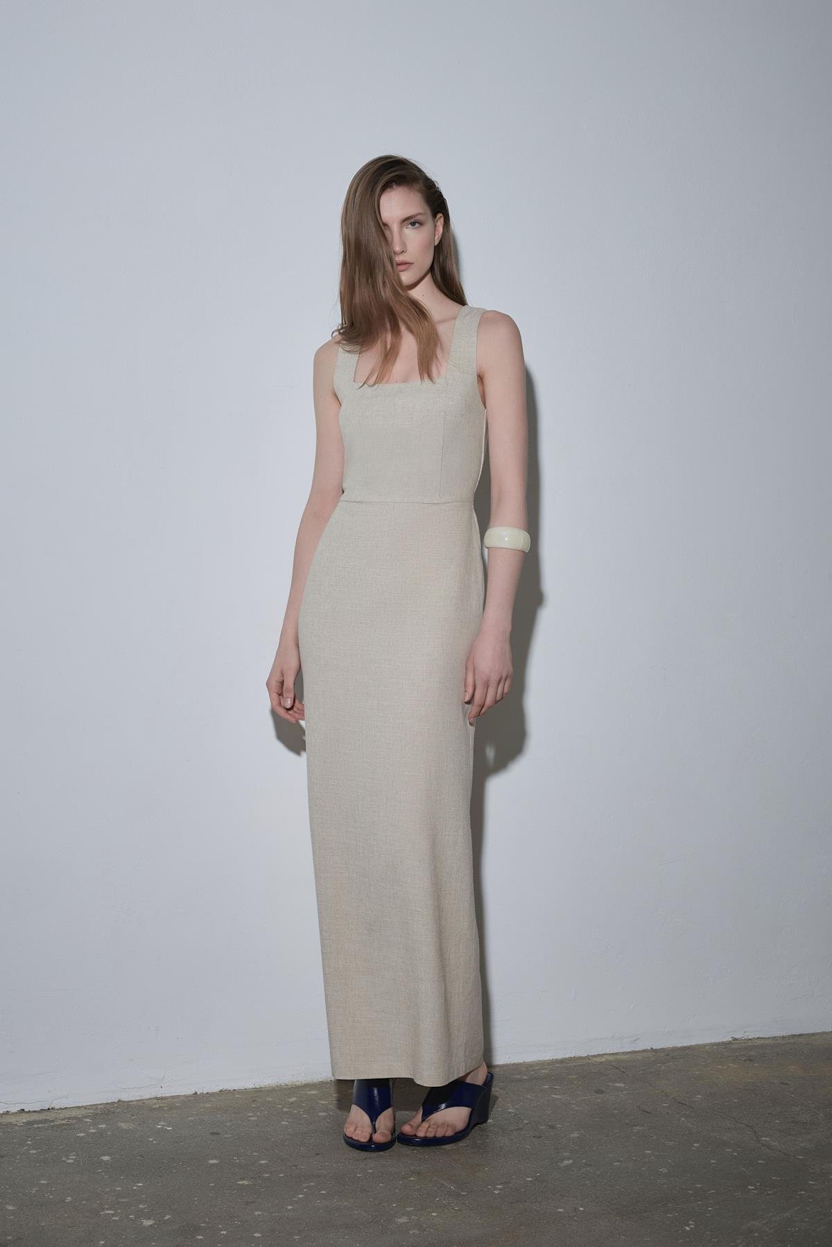 Natürel Monik Kare Yaka Keten Elbise