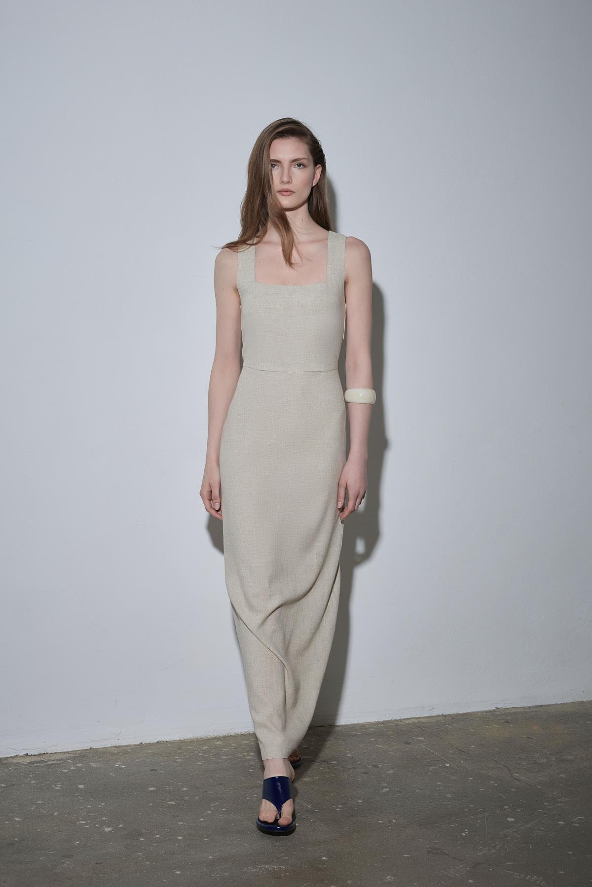 Natürel Monik Kare Yaka Keten Elbise