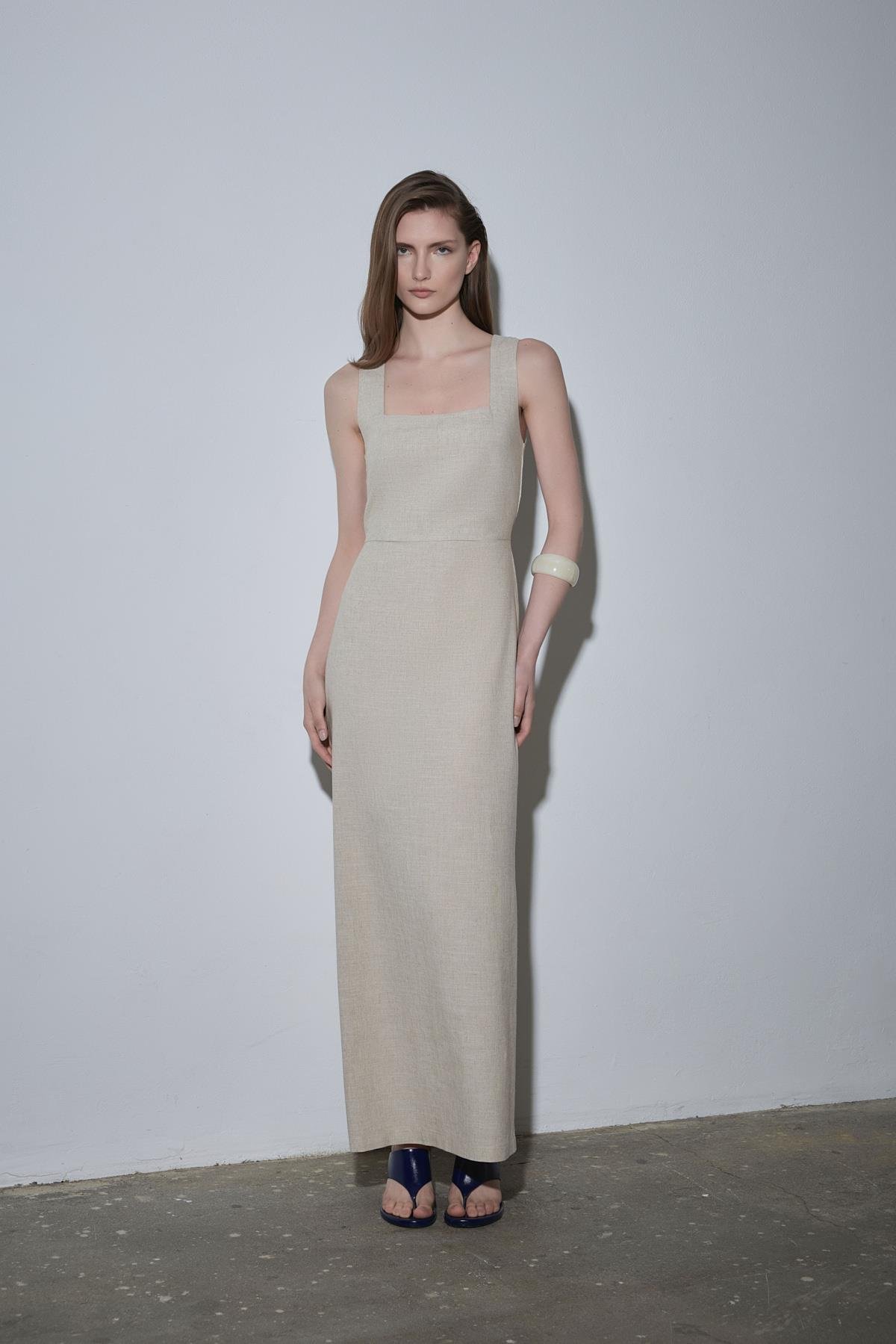 Natürel Monik Kare Yaka Keten Elbise