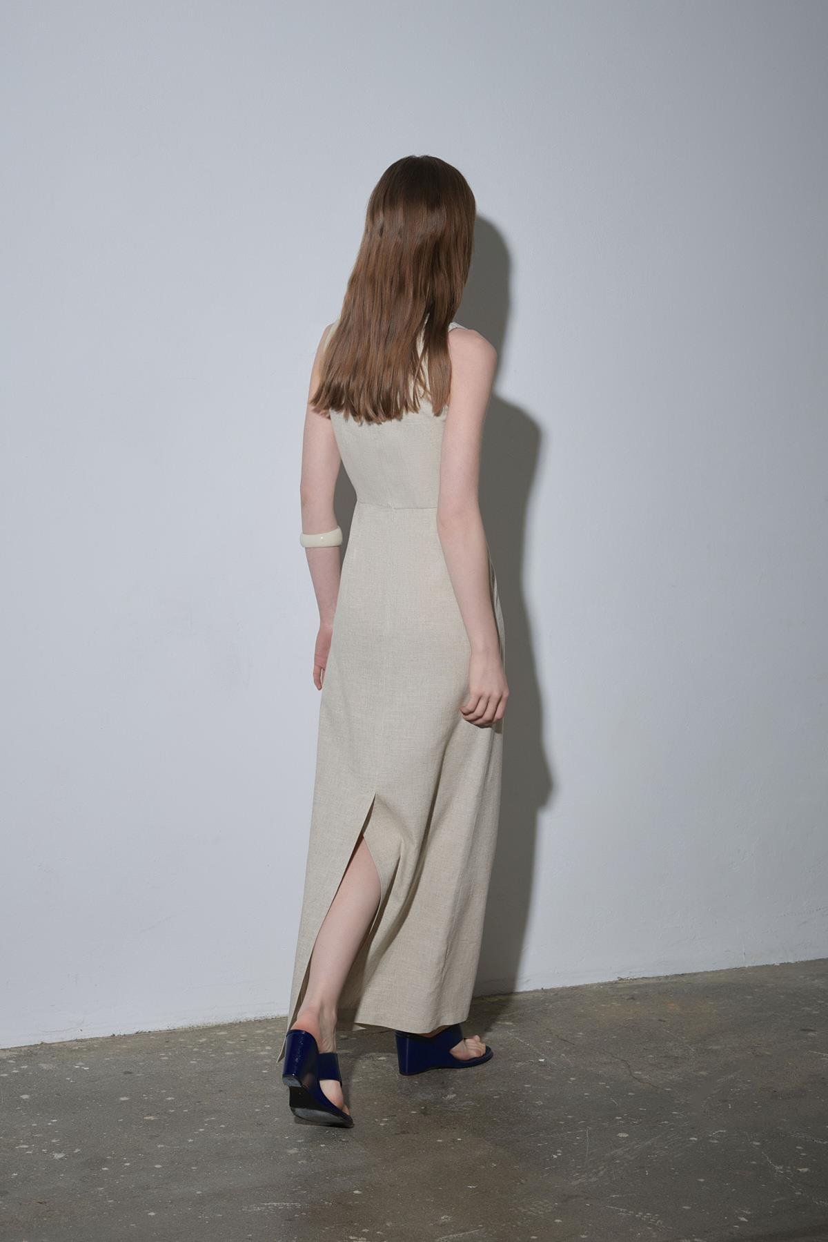 Natürel Monik Kare Yaka Keten Elbise