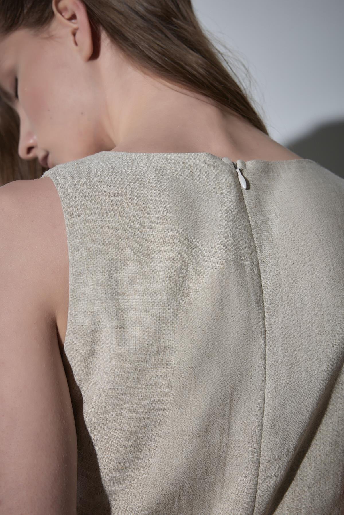 Natürel Monik Kare Yaka Keten Elbise