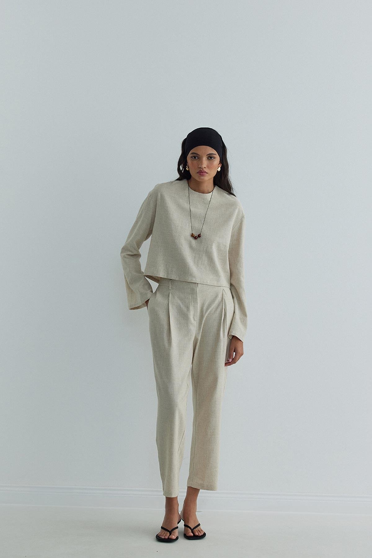 Natürel Mussel Crop Keten Bluz