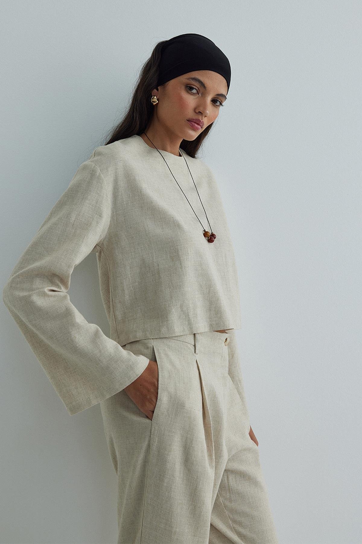 Natürel Mussel Crop Keten Bluz