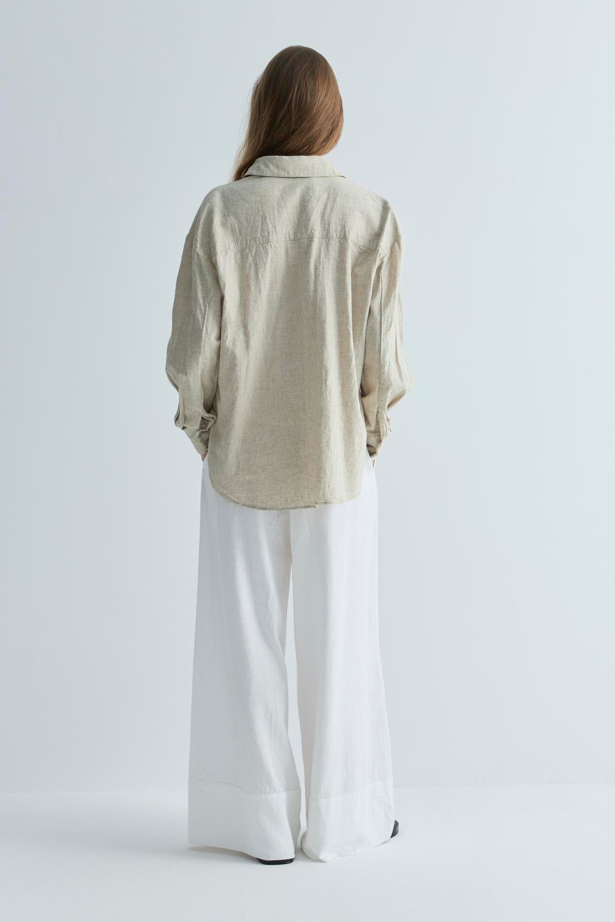 Natürel Serin Oversize Keten Gömlek