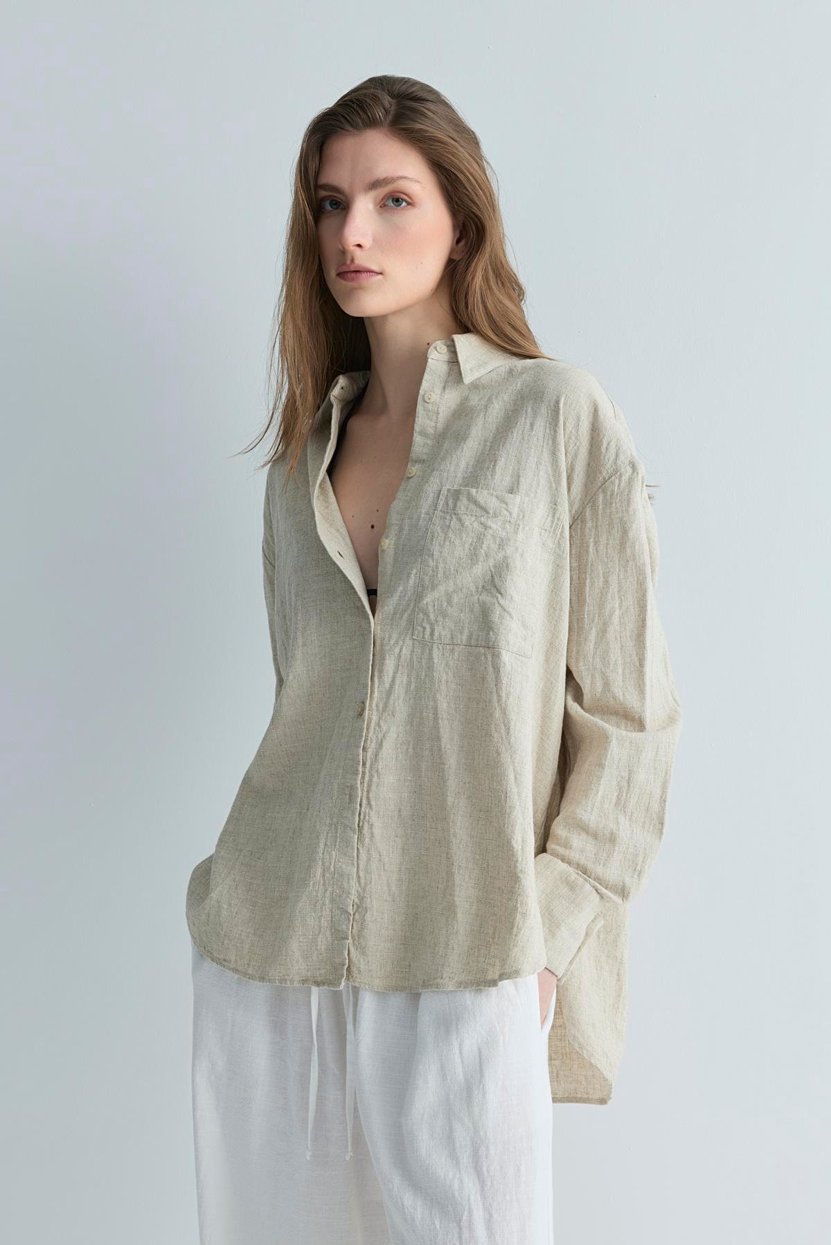 Natürel Serin Oversize Keten Gömlek