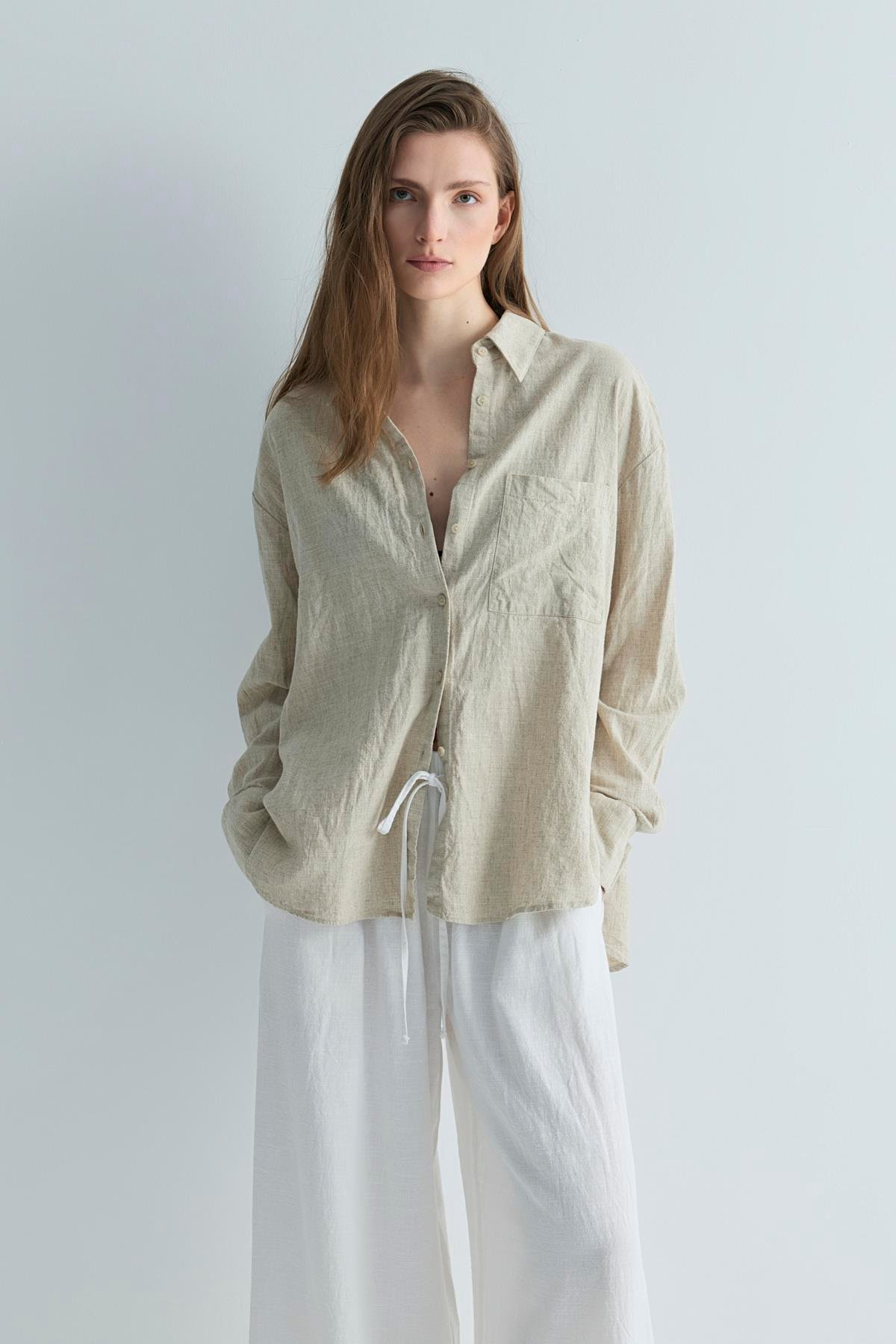Natürel Serin Oversize Keten Gömlek