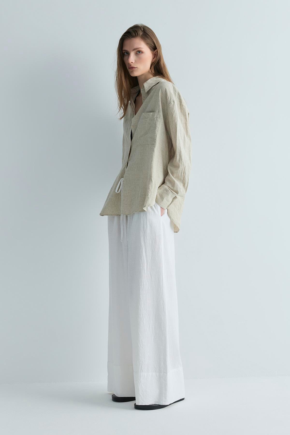 Natürel Serin Oversize Keten Gömlek