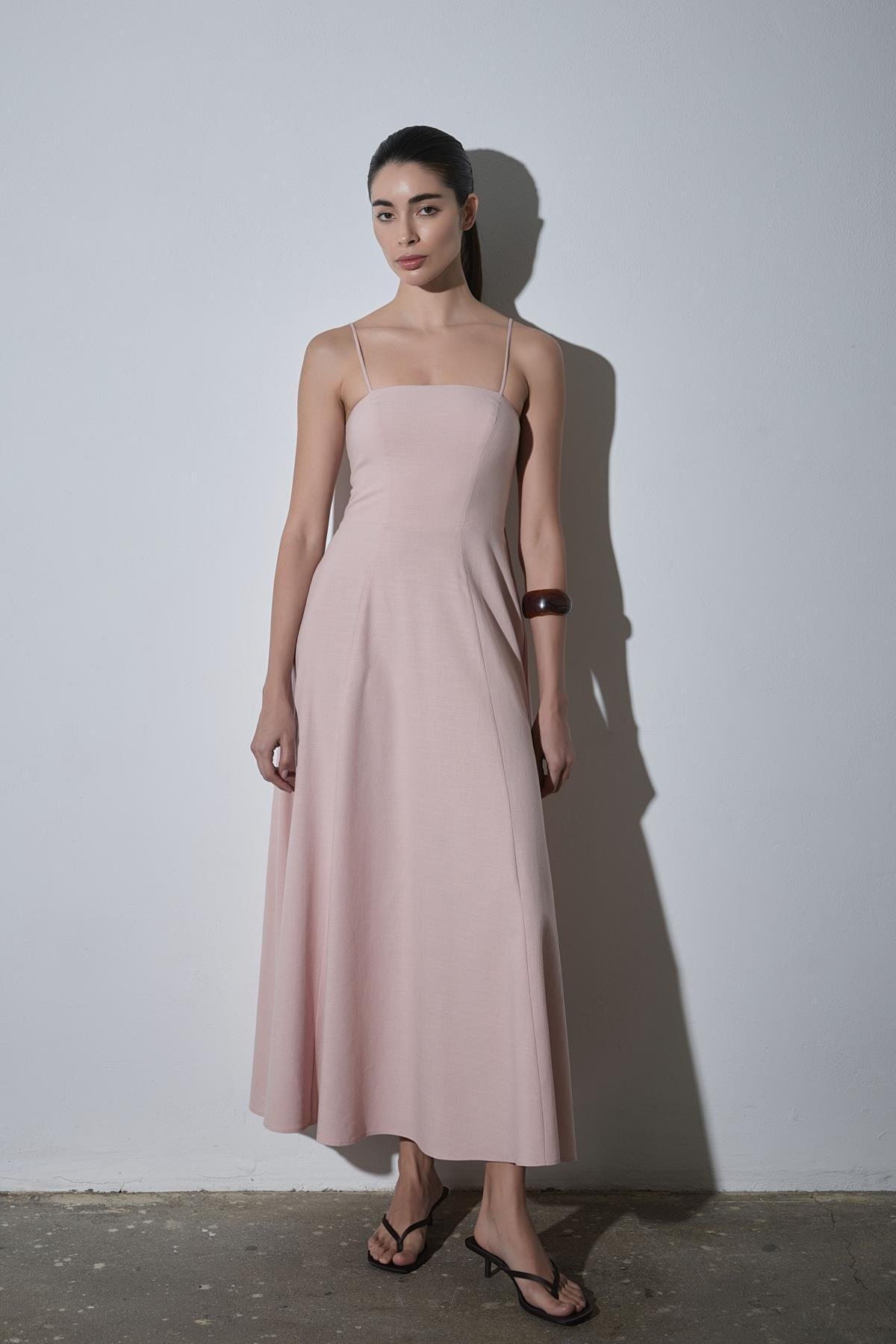 Pudra Melinda Askılı Keten Elbise