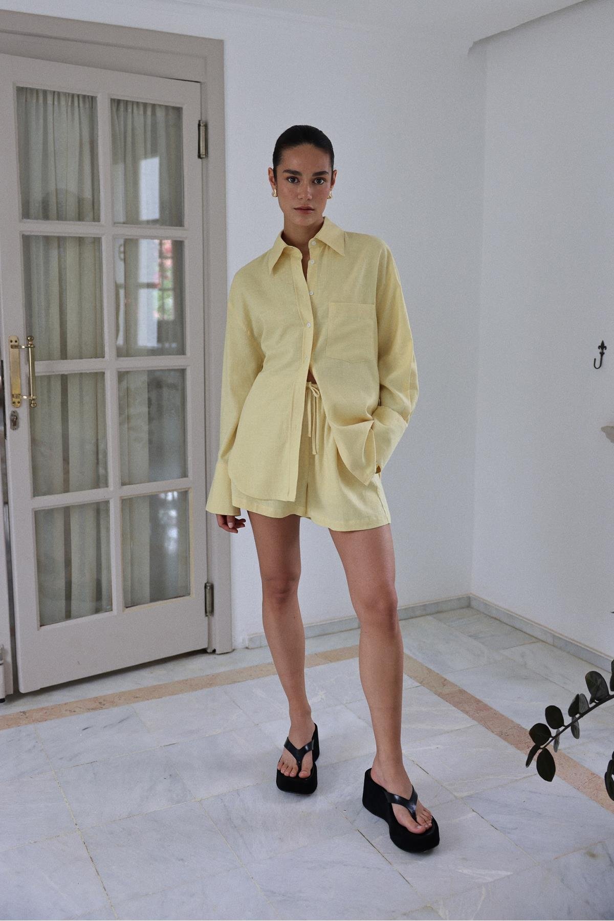 Sarı Barley Lastikli Keten Şort