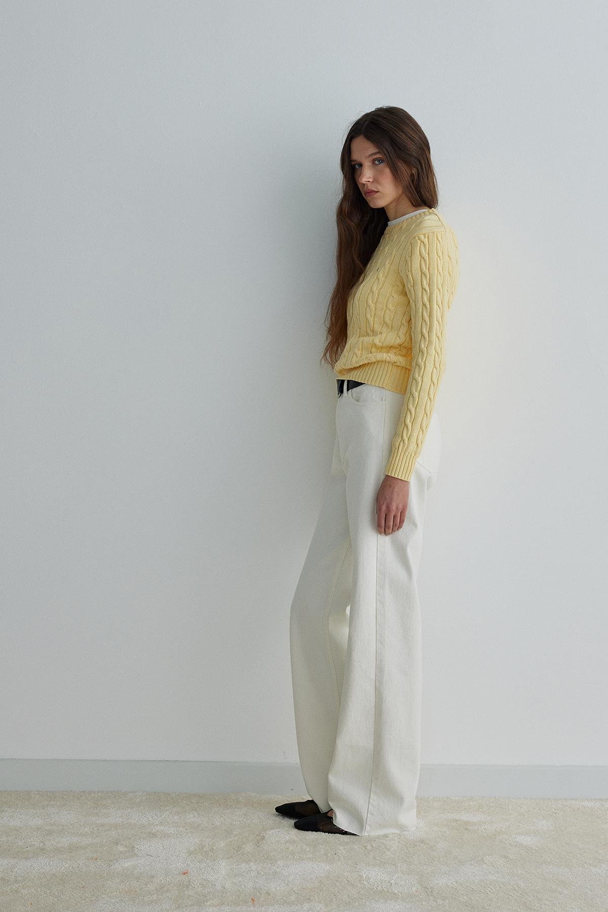 Yellow Braid Cotton Knit Sweater