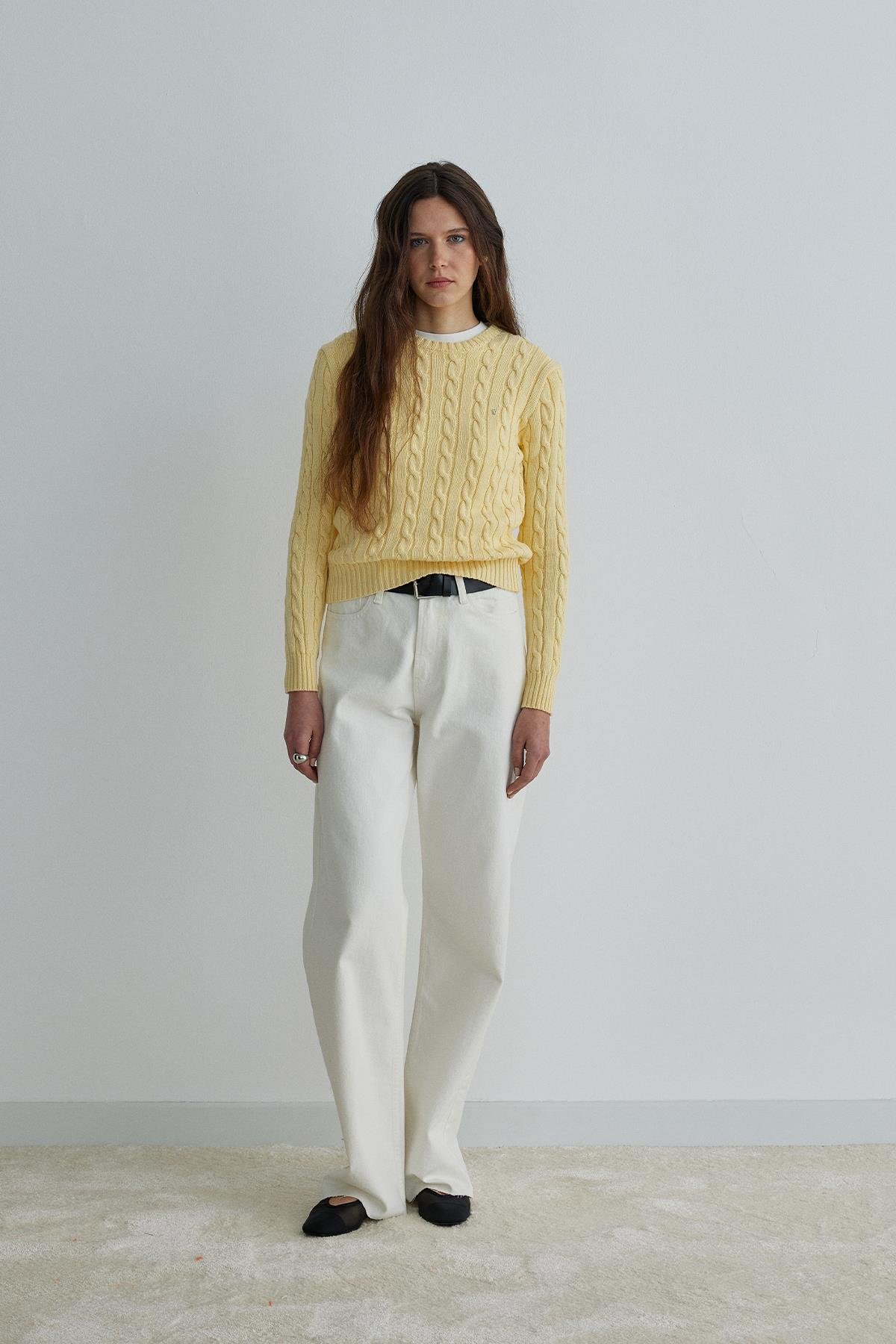 Yellow Braid Cotton Knit Sweater