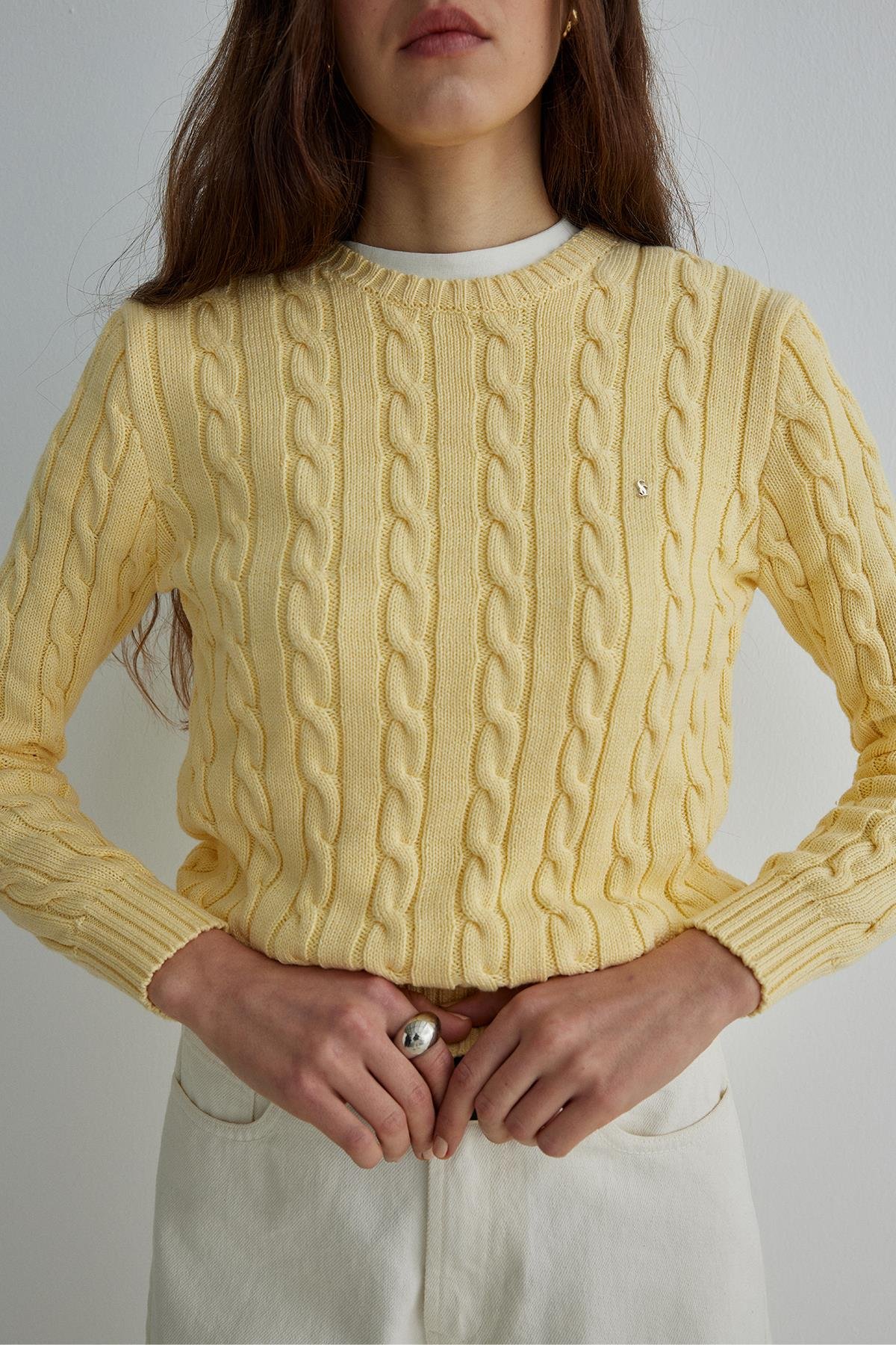 Yellow Braid Cotton Knit Sweater