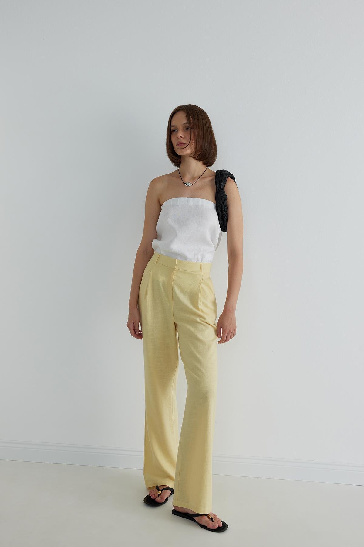 Sarı Gabriel Tek Pileli Keten Pantolon