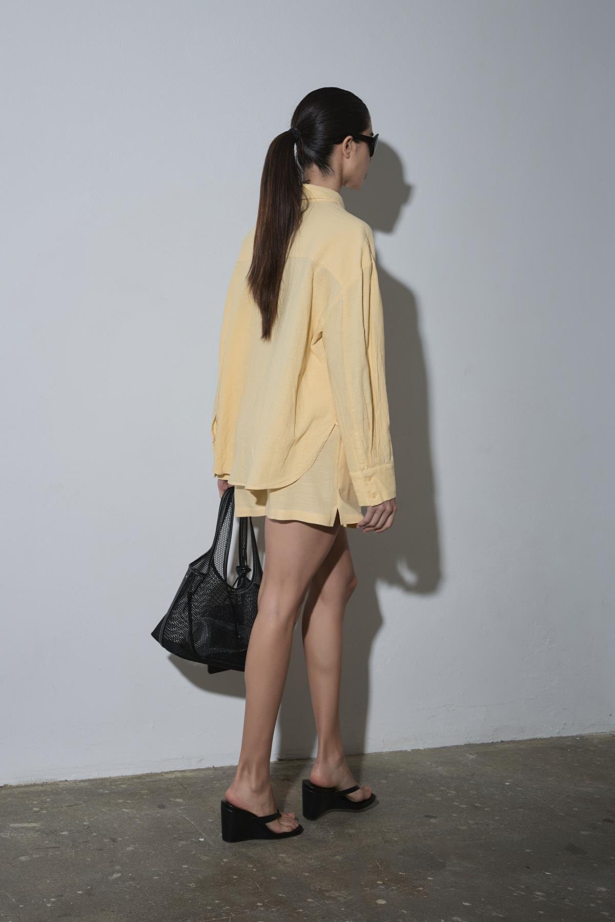 Sarı Serin Oversize Keten Gömlek