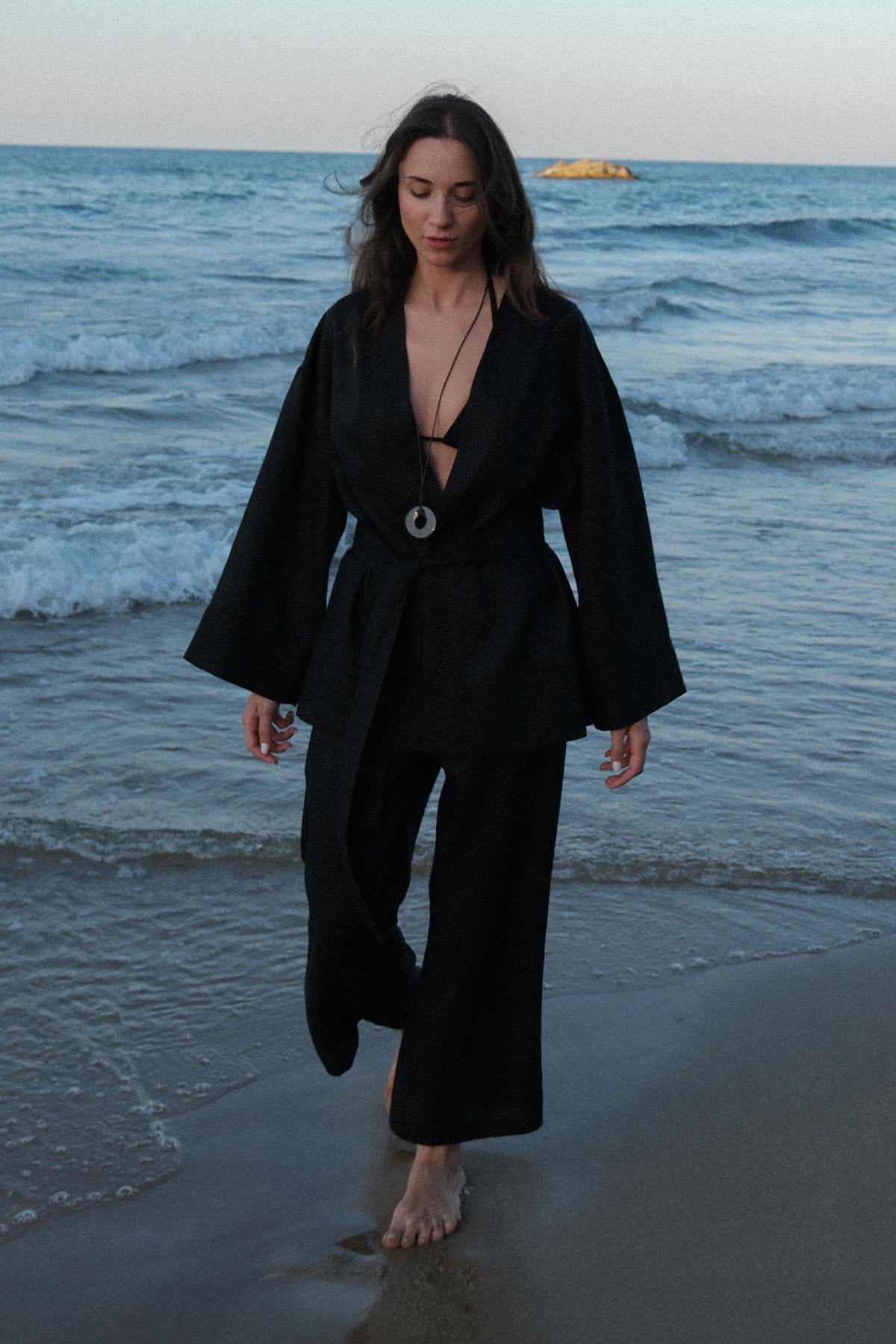 Siyah %100 Keten Eleni Culotte Pantolon