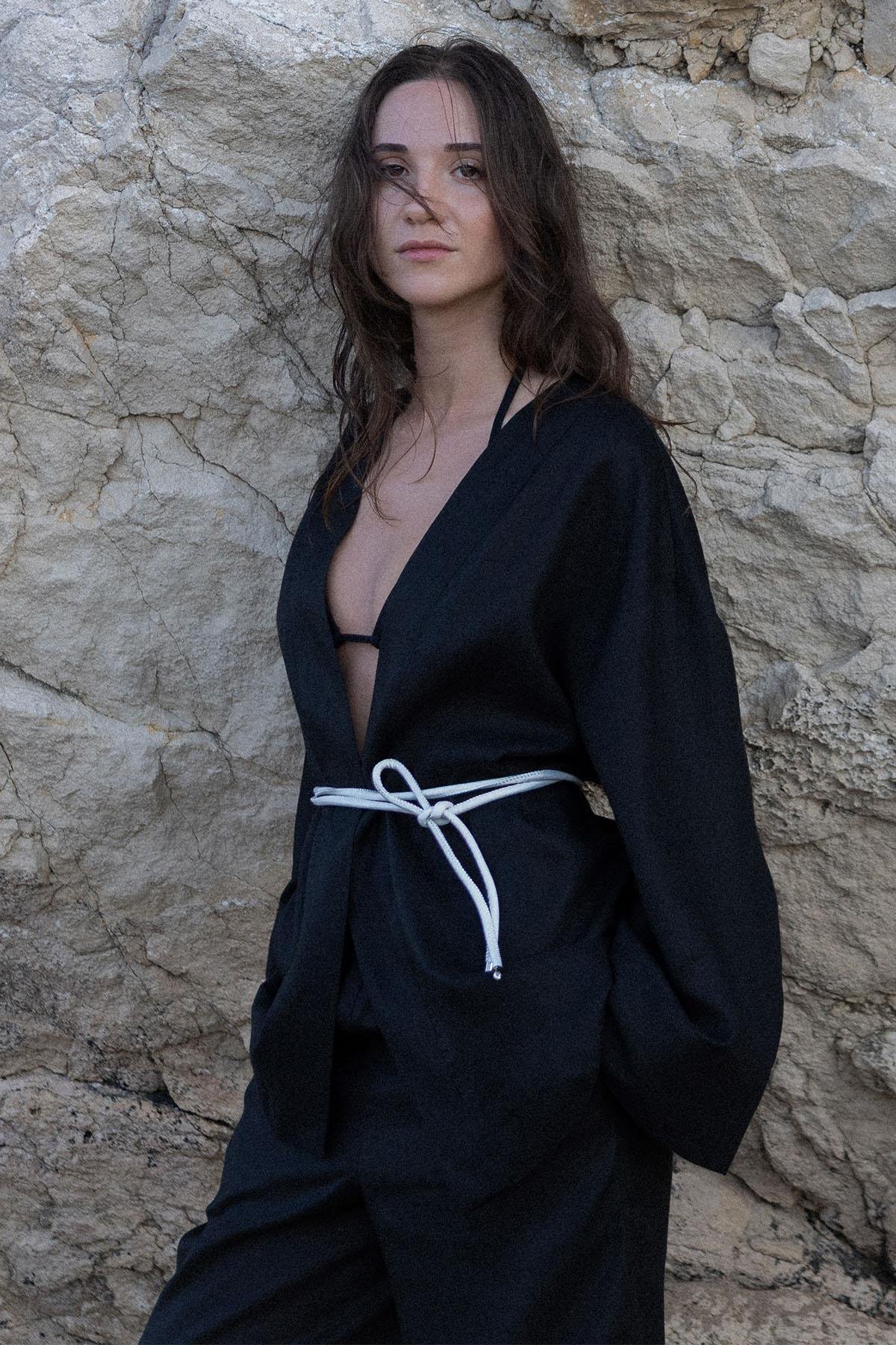 Siyah %100 Keten Eleni Kimono