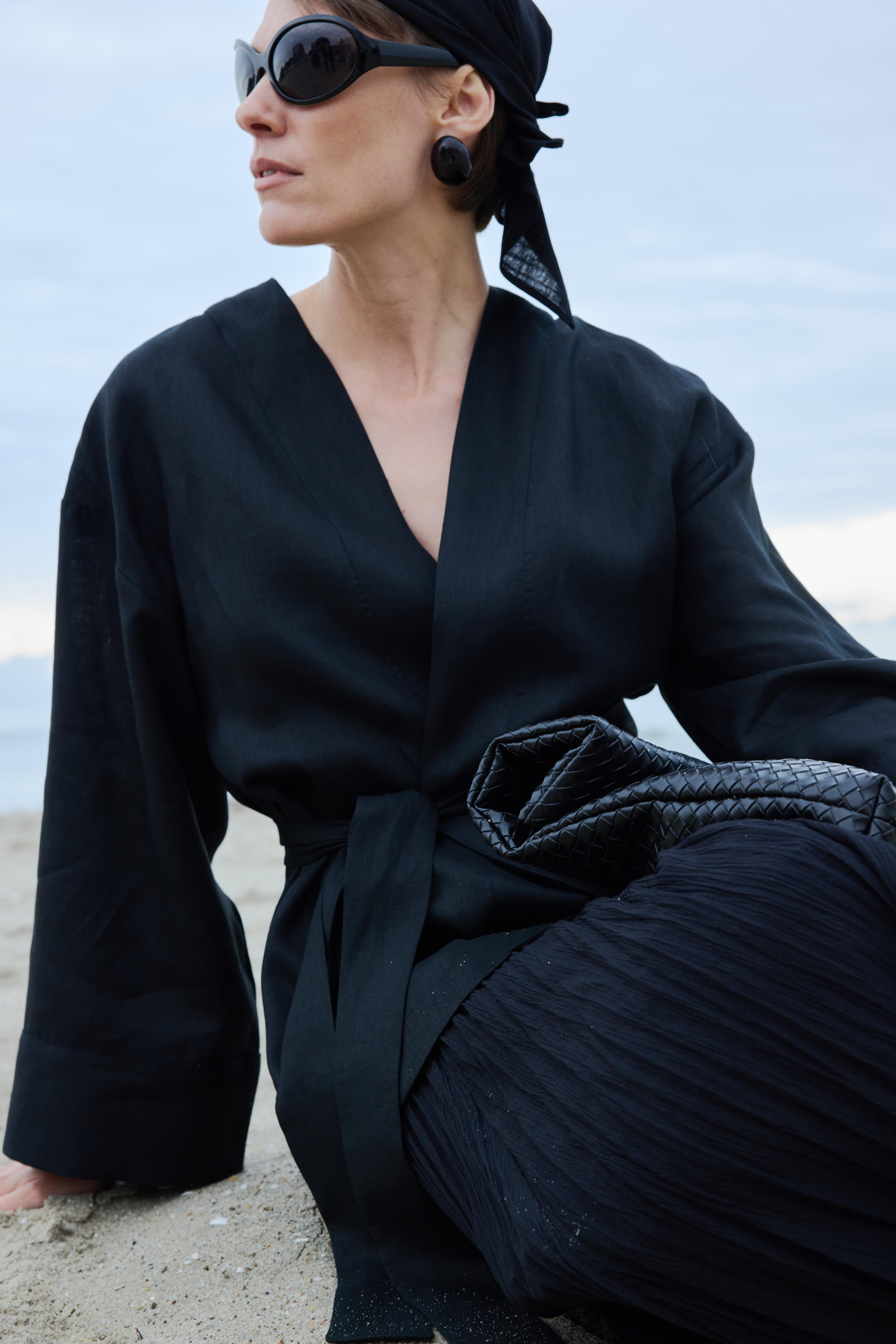 Siyah %100 Keten Eleni Kimono