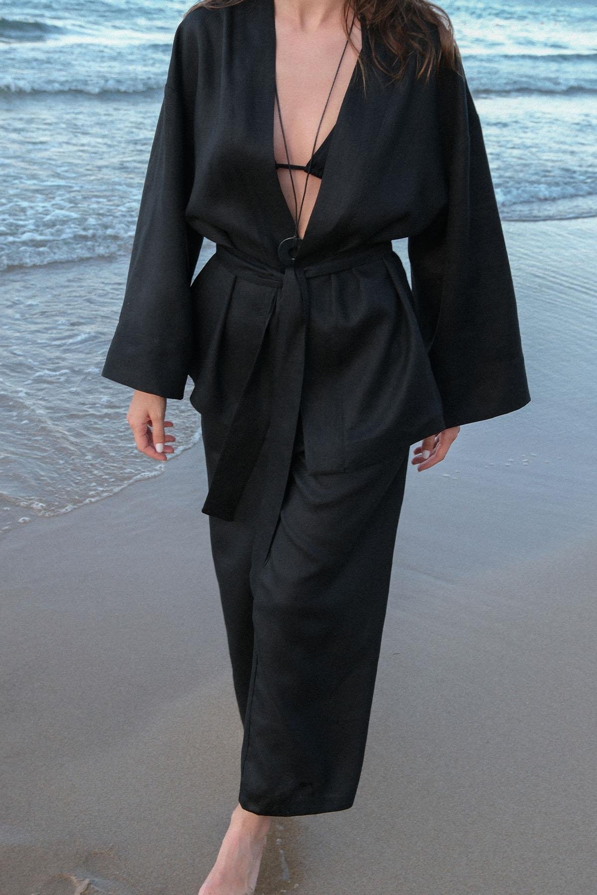 Siyah %100 Keten Eleni Kimono